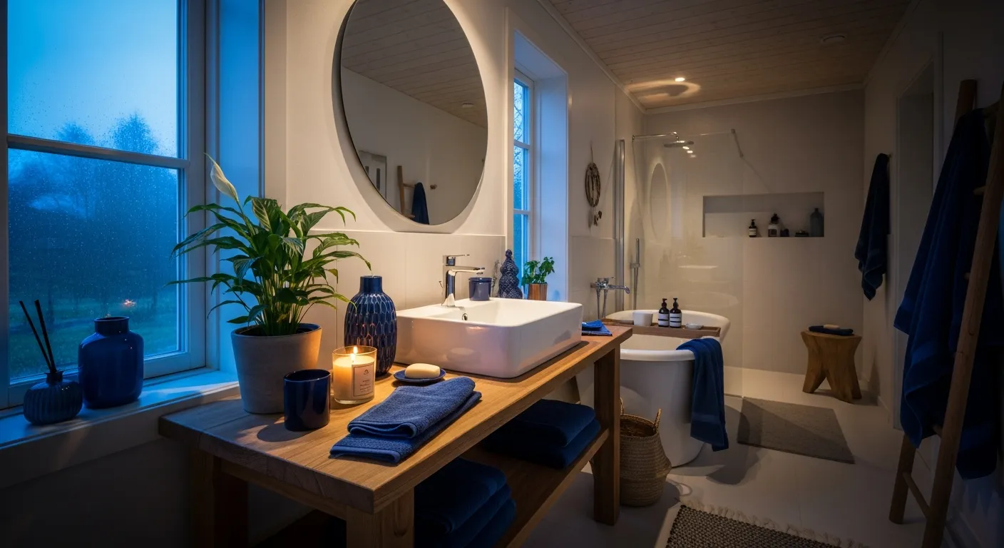 Color palette inspiration for Scandi Bathroom ideas with blue vanity
