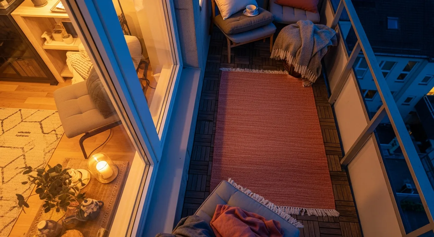 Cozy industrial balcony evening setup with warm terracotta textiles and black metal finishes