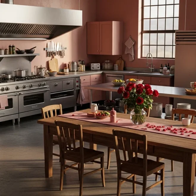 Industrial kitchen featuring dusty rose cabinets, exposed brick walls, and matte black fixtures