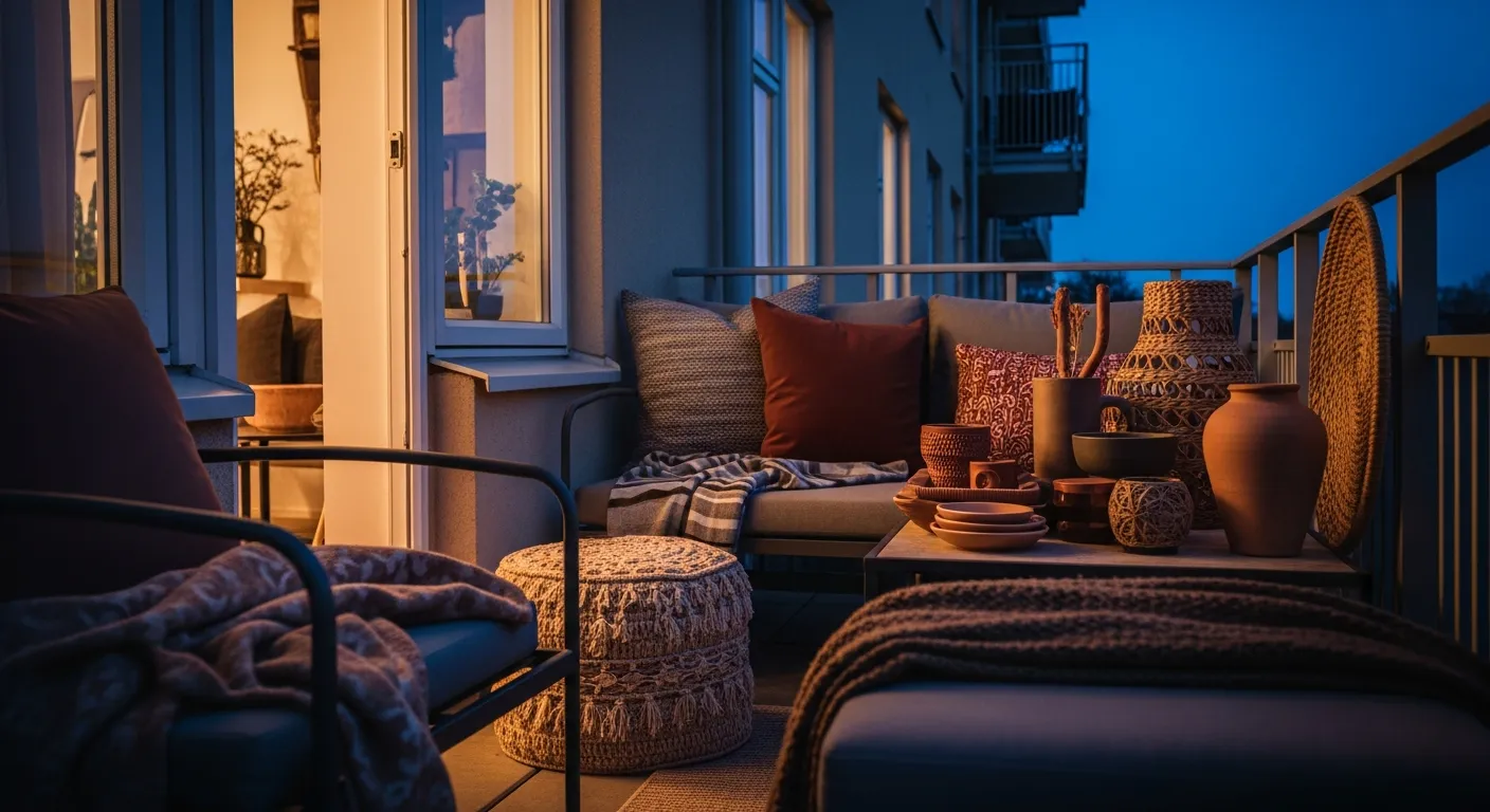 Close-up of concrete balcony textures and black metal railing contrasted by rustic terracotta pots