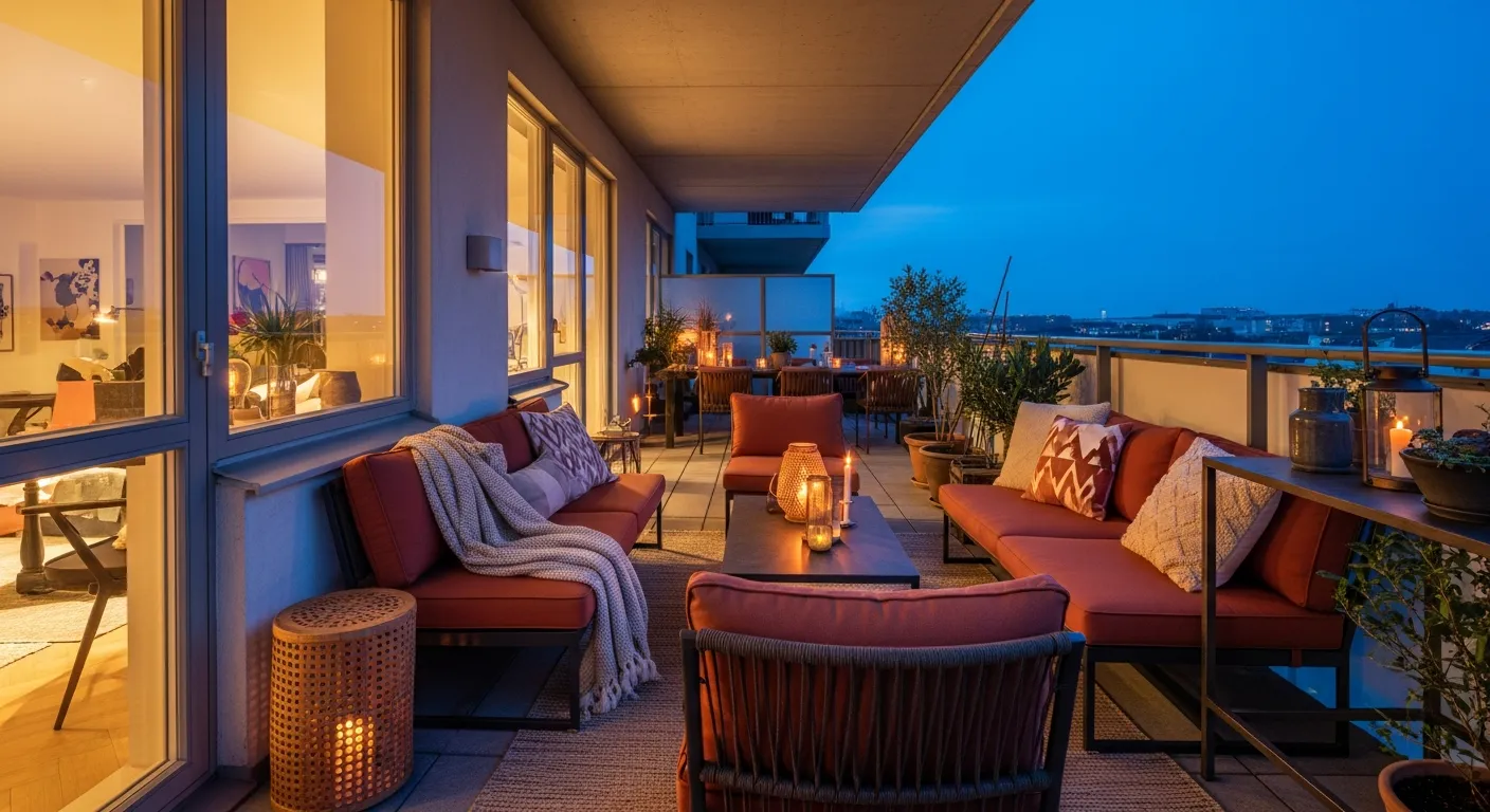Detail shot of terracotta cushions on a black industrial metal balcony railing