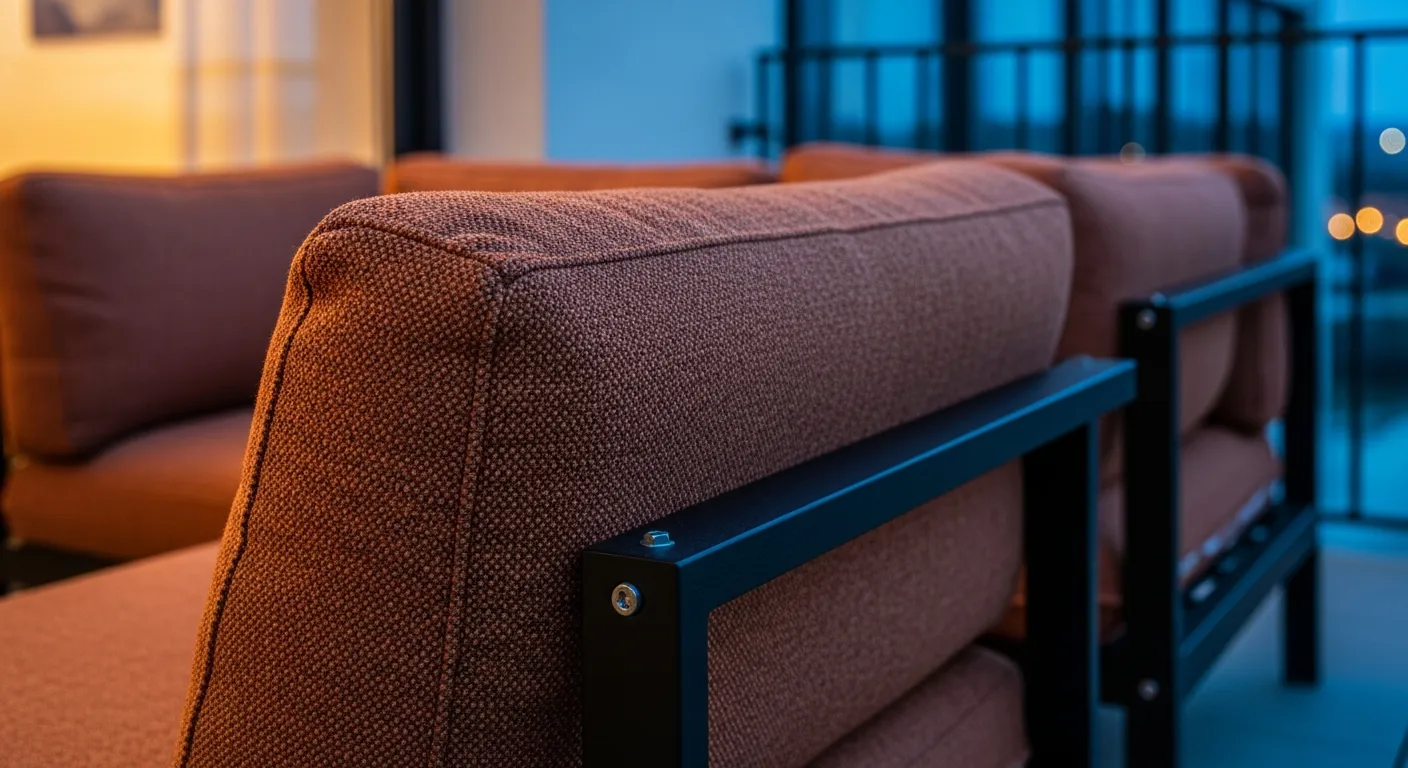 Compact industrial balcony design with black metal seating, concrete flooring, and terracotta plant pots