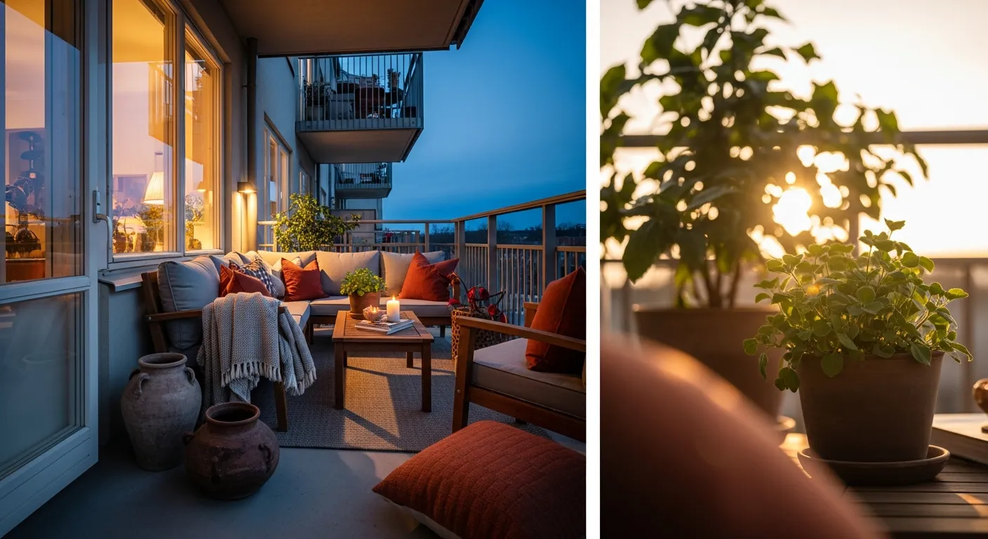 Relaxed industrial balcony setup with metal lounging chair and soft terracotta throw blanket
