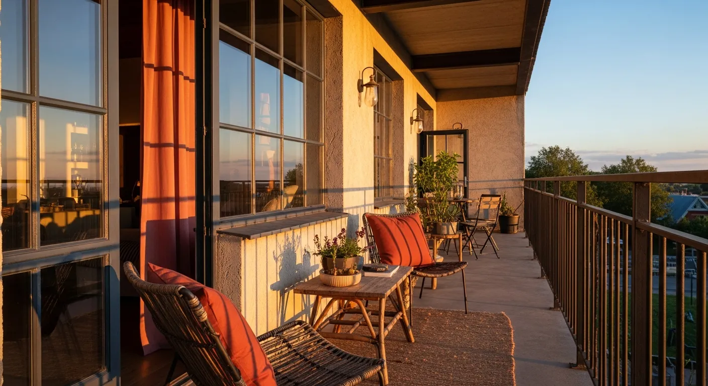 Industrial balcony flooring featuring terracotta tiles and black metal furniture accents