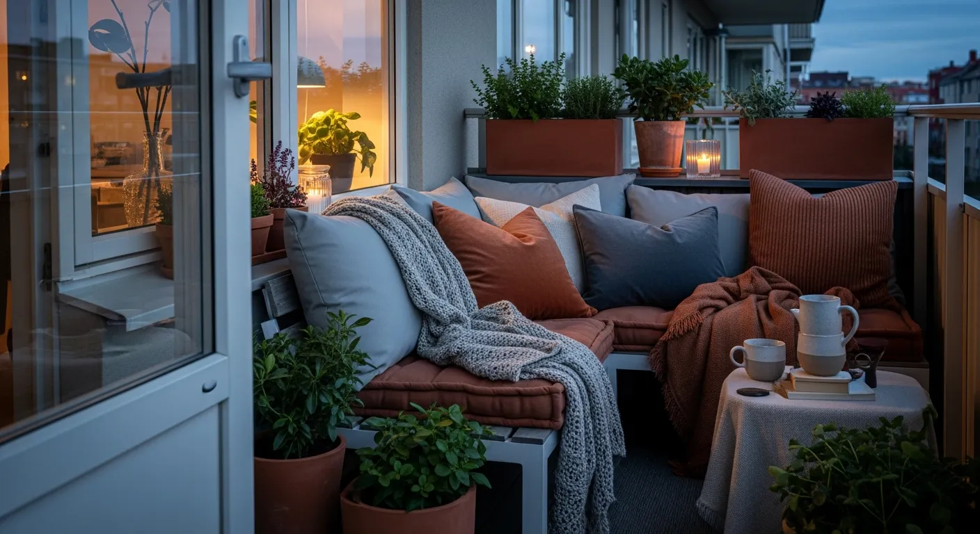 Styling details of an industrial balcony with terracotta throw pillows and patterned rugs against concrete