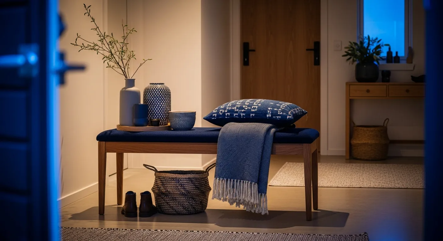 Color palette inspiration for Scandi Entryway ideas: midnight blue walls with pale oak furniture