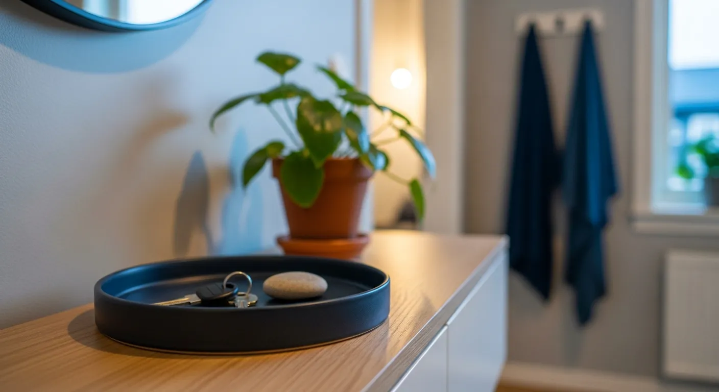 Stylish Scandi Entryway ideas featuring a round mirror and wooden bench against dark walls