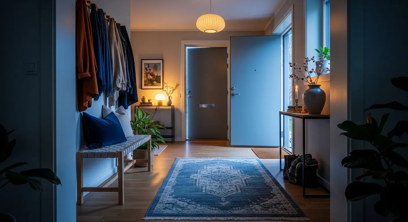 Detailed view of Scandi Entryway ideas with midnight blue paint and wood accents