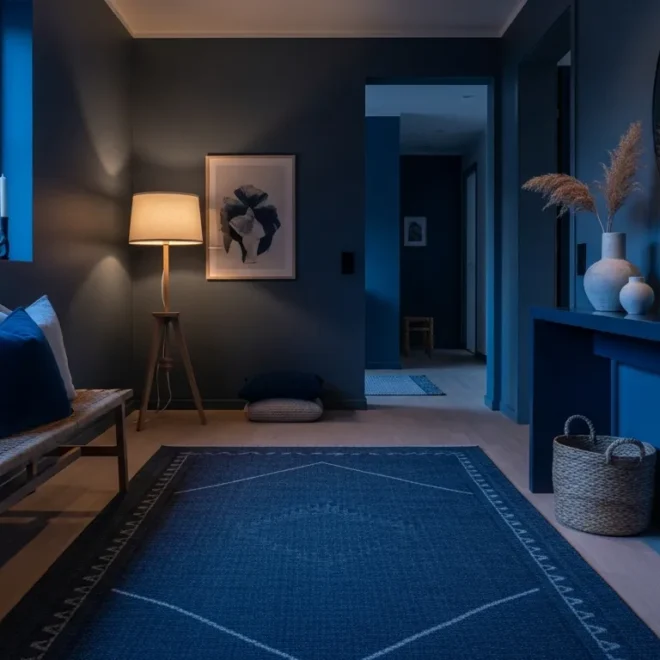 Minimalist Scandinavian entryway featuring inky midnight blue walls and a light oak bench