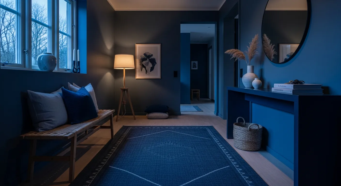 Moody Scandi Entryway ideas featuring inky midnight blue walls and a light oak bench for contrast