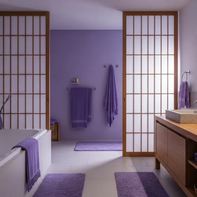 Minimalist Japandi bathroom featuring light oak vanity and soft lavender wall tiles