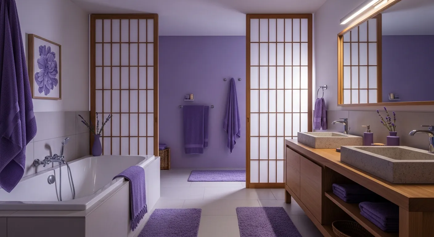 Lavender Japandi bathroom ideas with plaster walls and oak vanity
