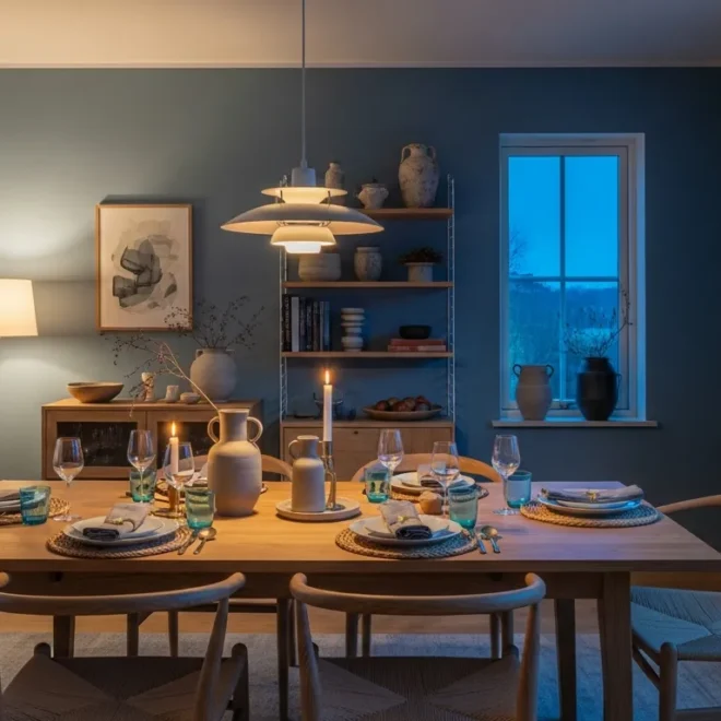 Minimalist Japandi dining room featuring light wood furniture against soothing dusty blue walls