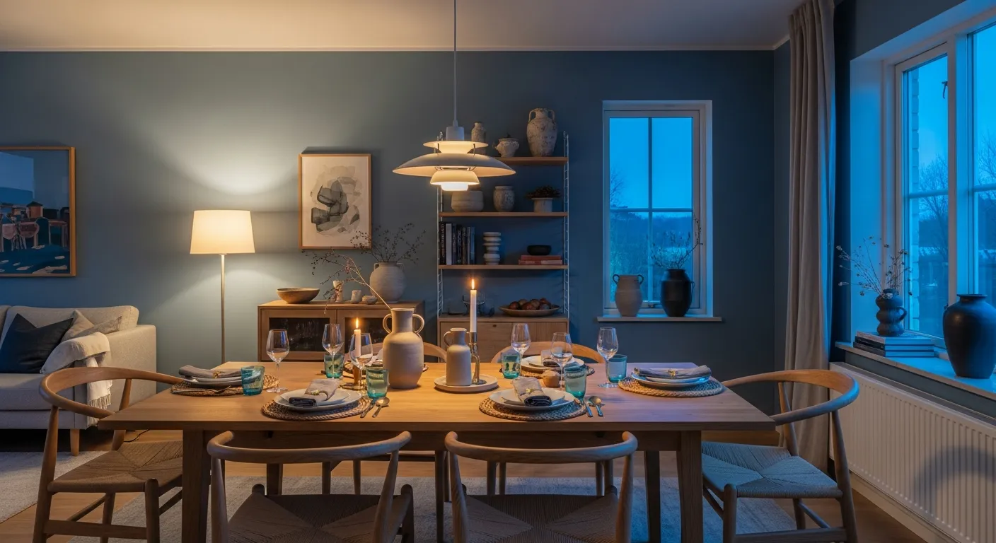 Psychology of color in Japandi Dining Room ideas showing serene dusty blue walls