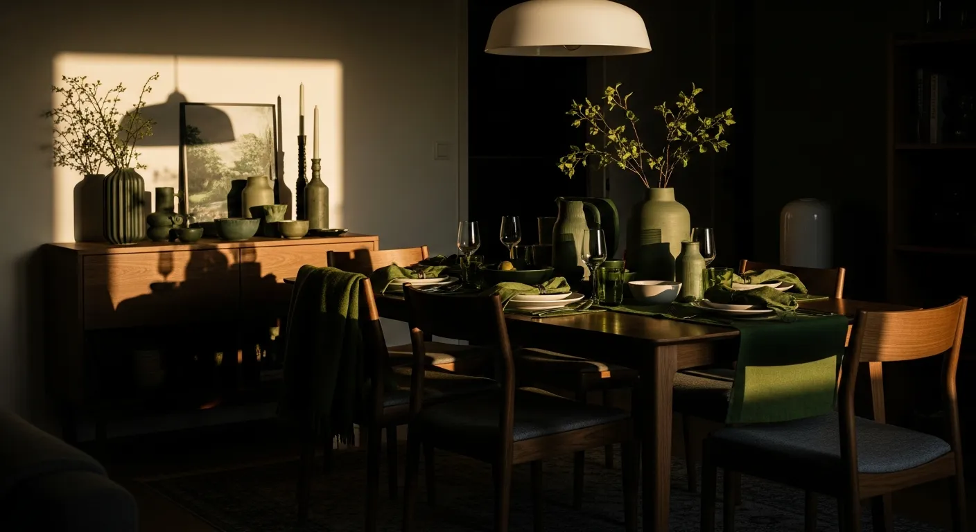 Color palette focused Japandi dining room ideas with moss green upholstery and beige accents