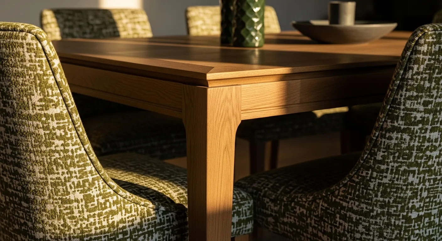 Essential furniture for Japandi dining room ideas featuring a light oak table and moss green walls