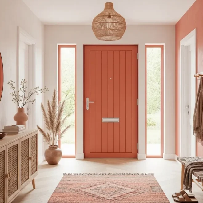 Minimalist Japandi entryway with a coral accent wall, round mirror, and light wood bench