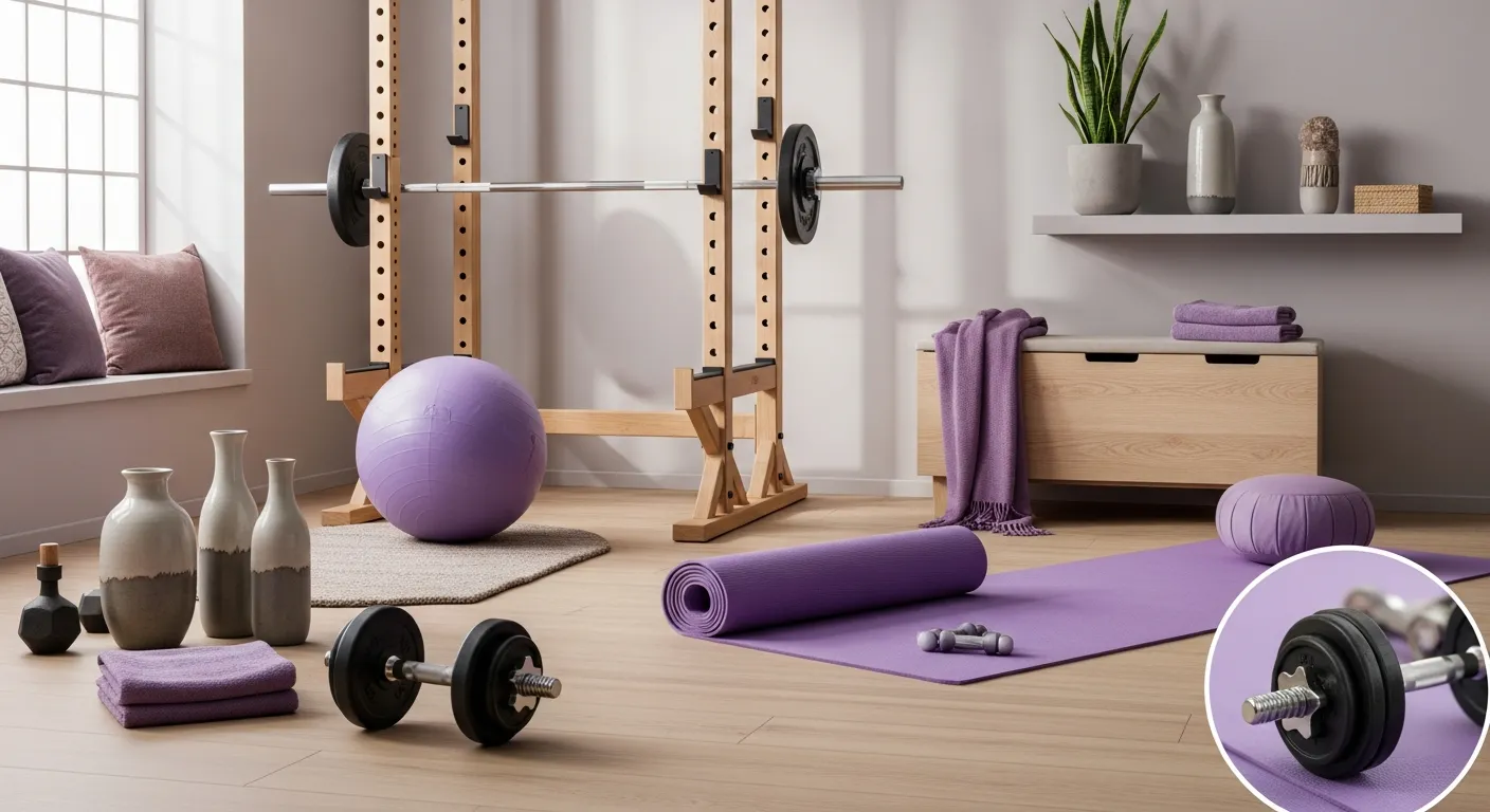 Spacious layout in a Japandi home gym with purple walls