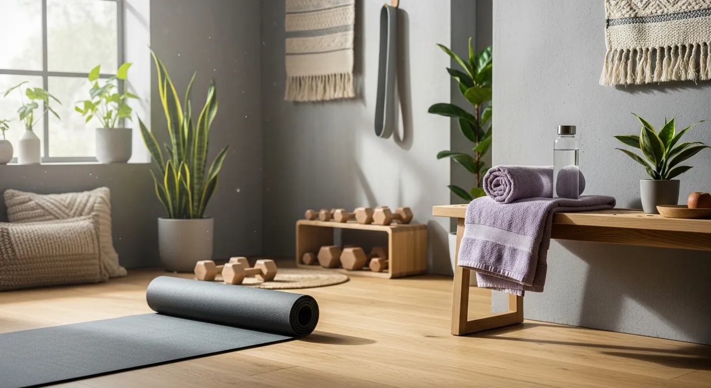 Zoning a home gym with pastel purple paint and wood equipment