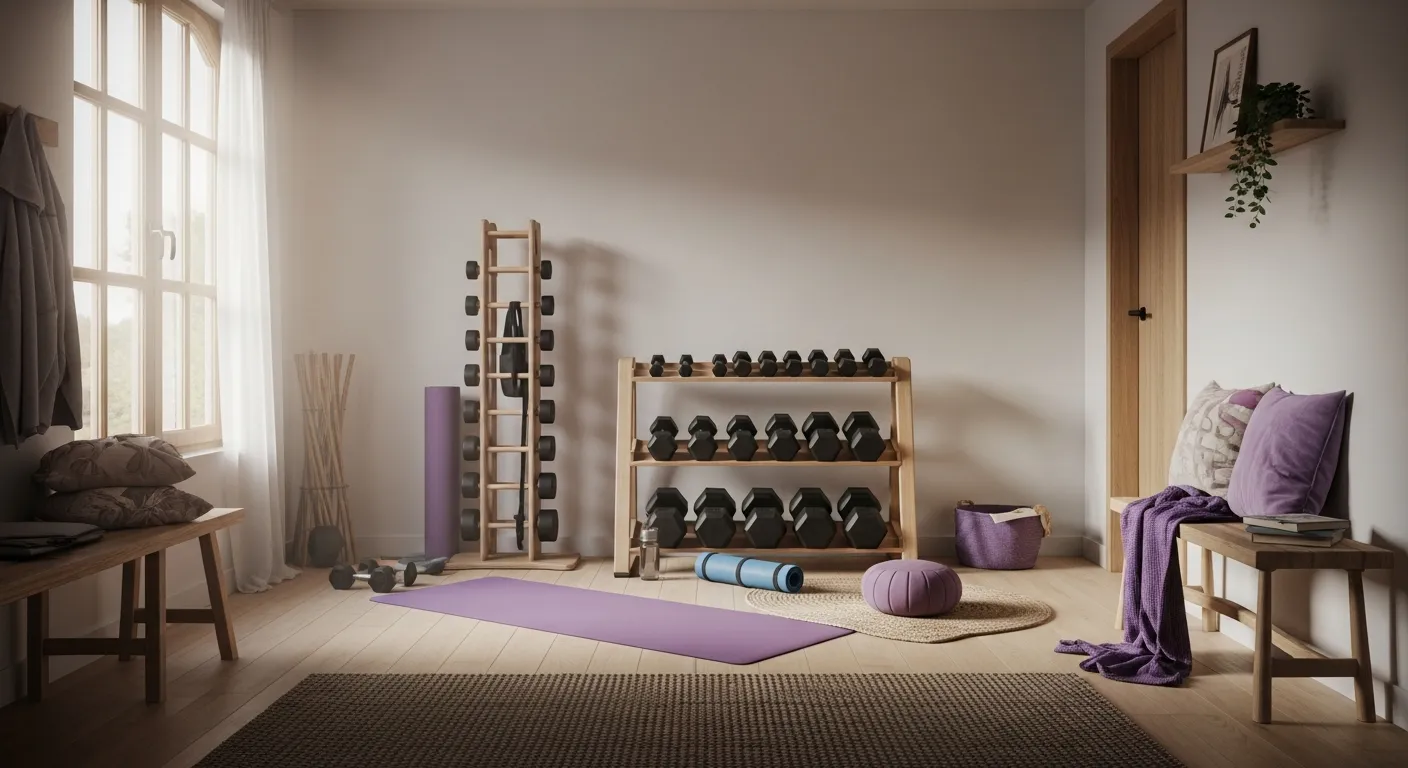 Completed pastel purple Japandi home gym ready for workout