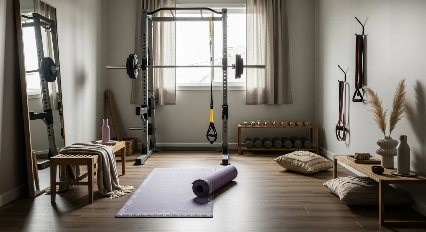 Clean lines and minimal layout in a pastel purple home gym