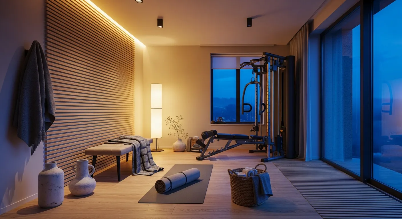 Small space Japandi Home Gym ideas with truffle accents