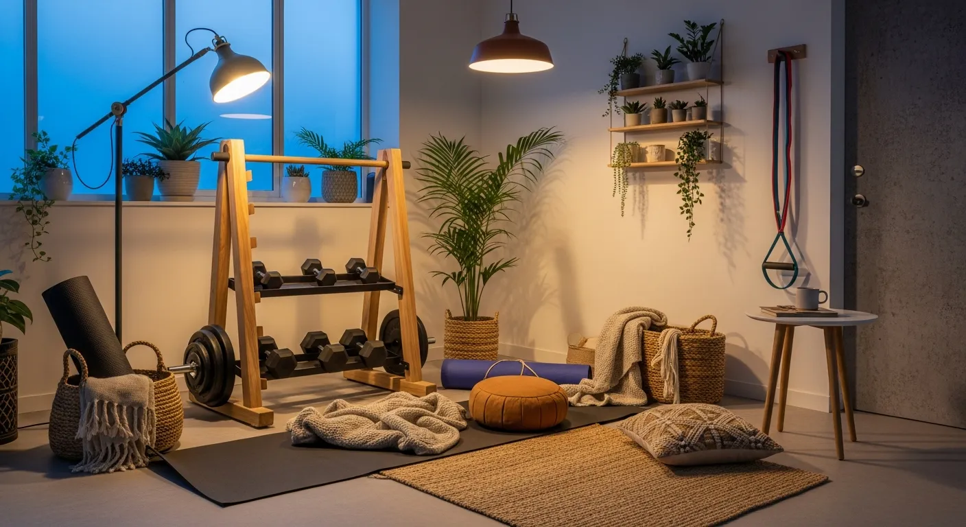 Styling Japandi Home Gym ideas with plants and warm lighting