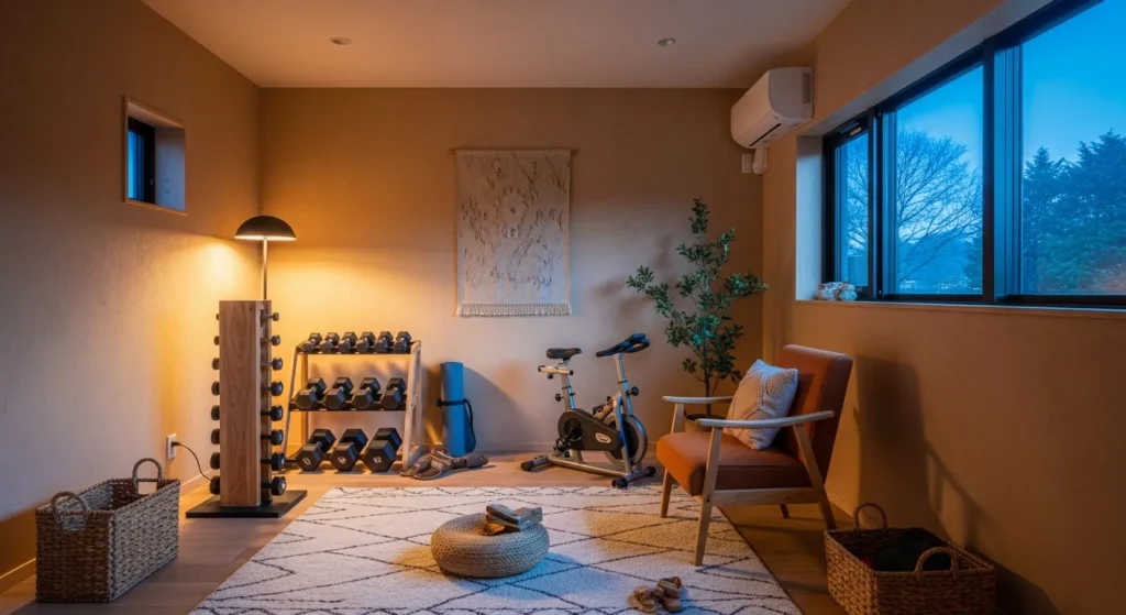 Minimalist home gym featuring truffle colored walls and wooden equipment in Japandi style