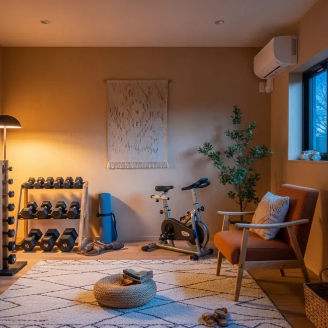 Minimalist home gym featuring truffle colored walls and wooden equipment in Japandi style
