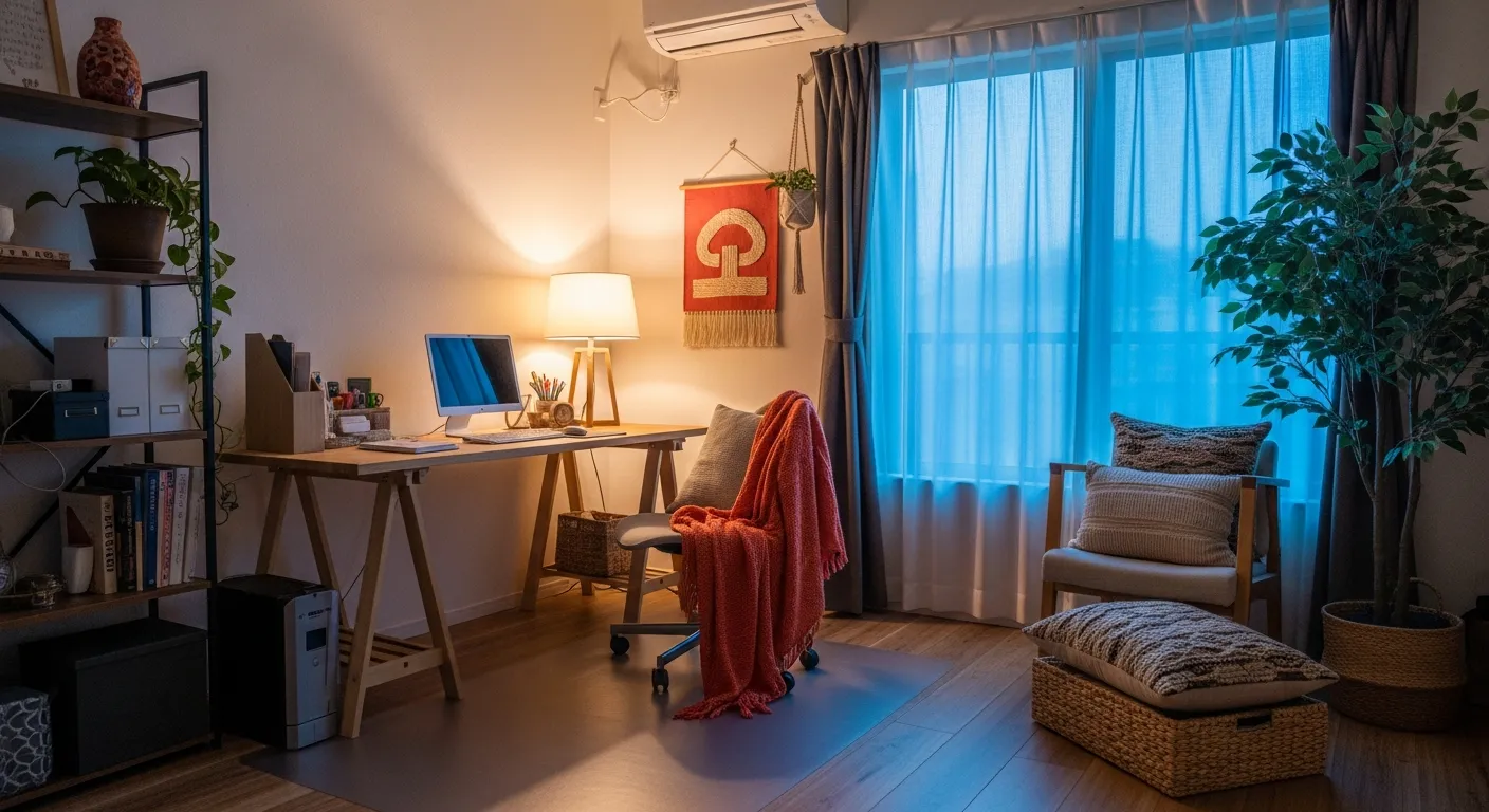 Styling tips for Japandi Home Office ideas showing open shelving with curated coral and wood decor