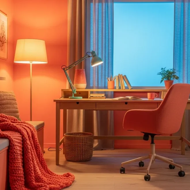 Minimalist Japandi workspace featuring a light wood desk and soft coral wall decor