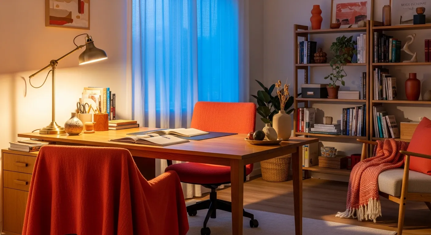 Finalized Japandi Home Office ideas showing a completed look with balanced coral and wood tones