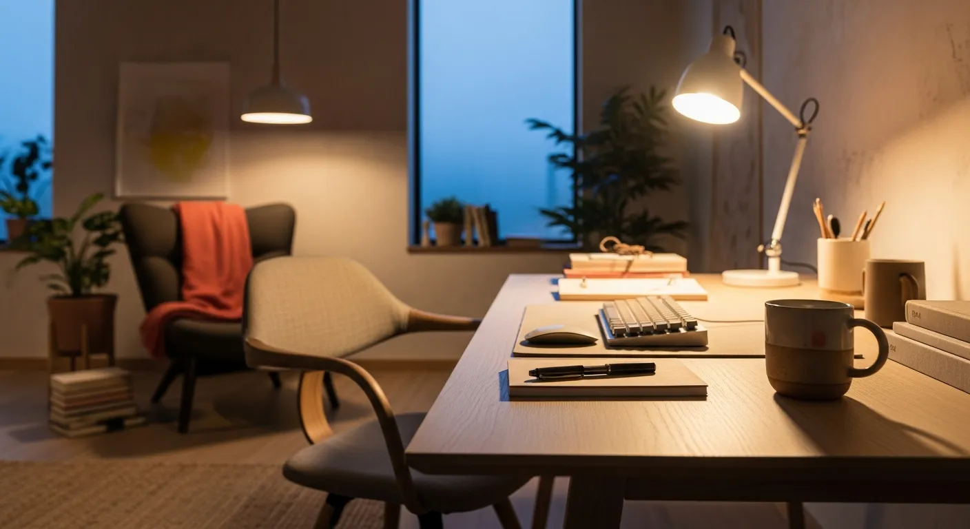 Japandi Home Office ideas featuring a coral accent wall behind a wooden desk