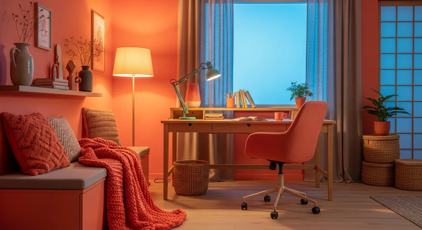Psychology of color in Japandi Home Office ideas showing coral wall decor balancing a minimalist wooden desk