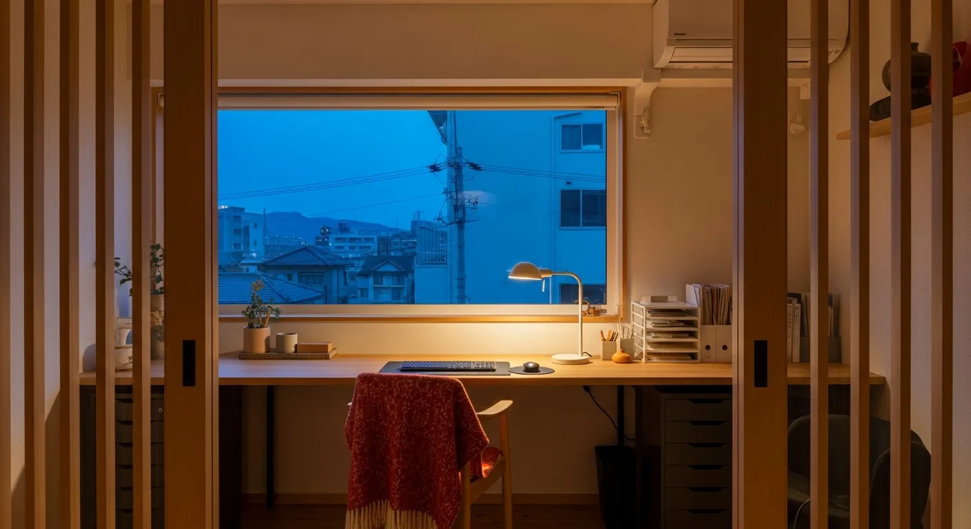 Clean and decluttered desk setup representing minimalist Japandi Home Office ideas with coral wall