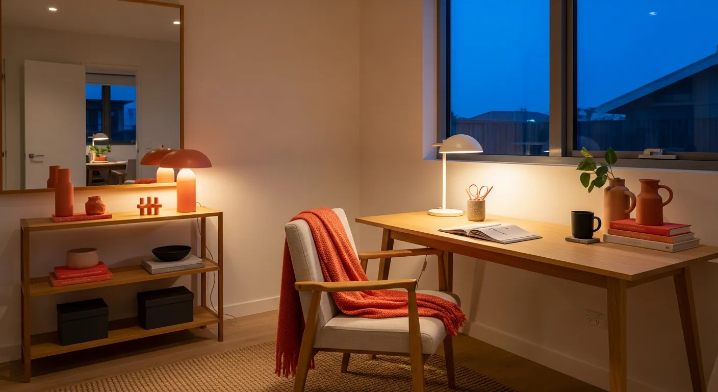 Japandi Home Office ideas color palette showcase with coral decorative objects against neutral walls