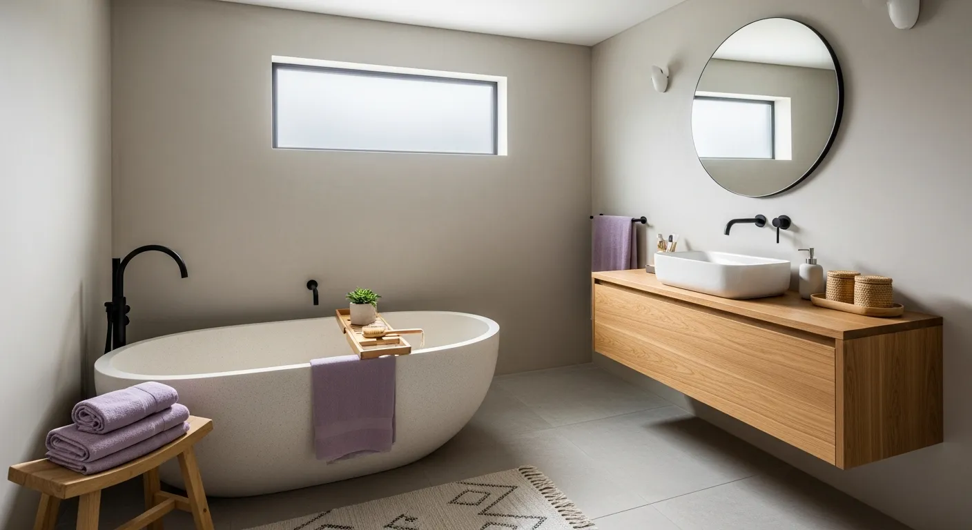 Minimalist Japandi bathroom ideas with indoor plants and wood textures