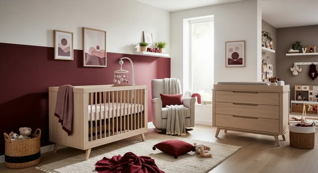 Minimalist Japandi nursery featuring light wood furniture and deep burgundy textile accents