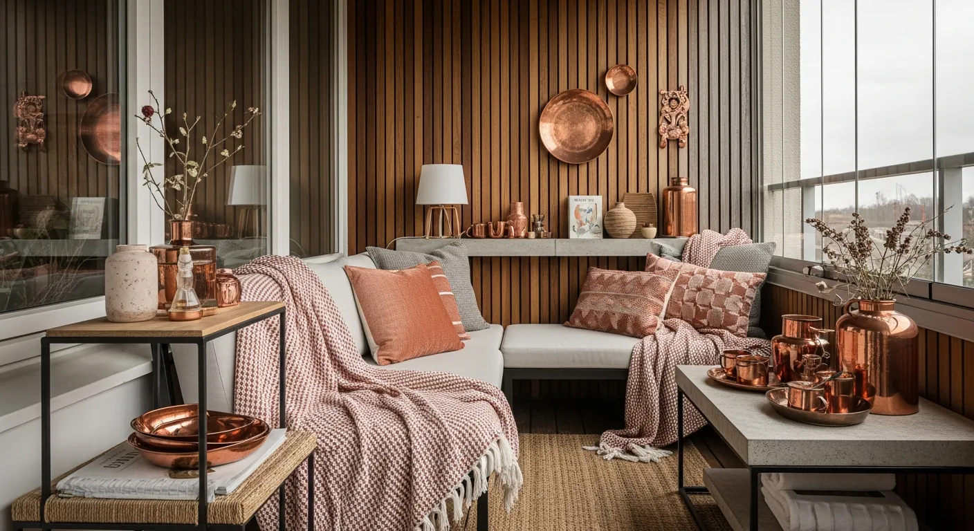 Color palette showcase for Japandi Outdoor Balcony ideas highlighting copper planter against light wood