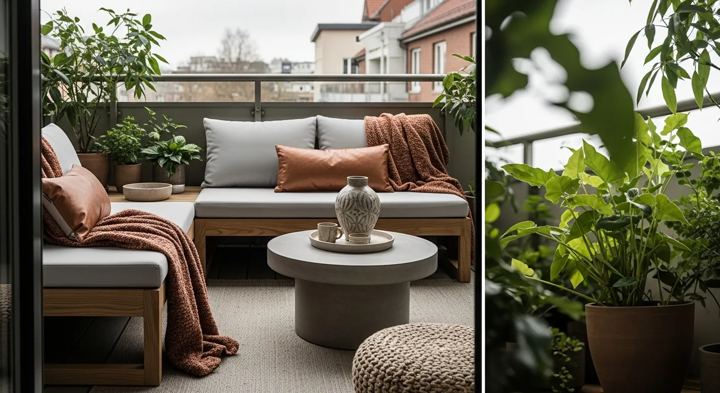 Budget friendly Japandi Outdoor Balcony ideas with sleek wood furniture and warm metallic planters