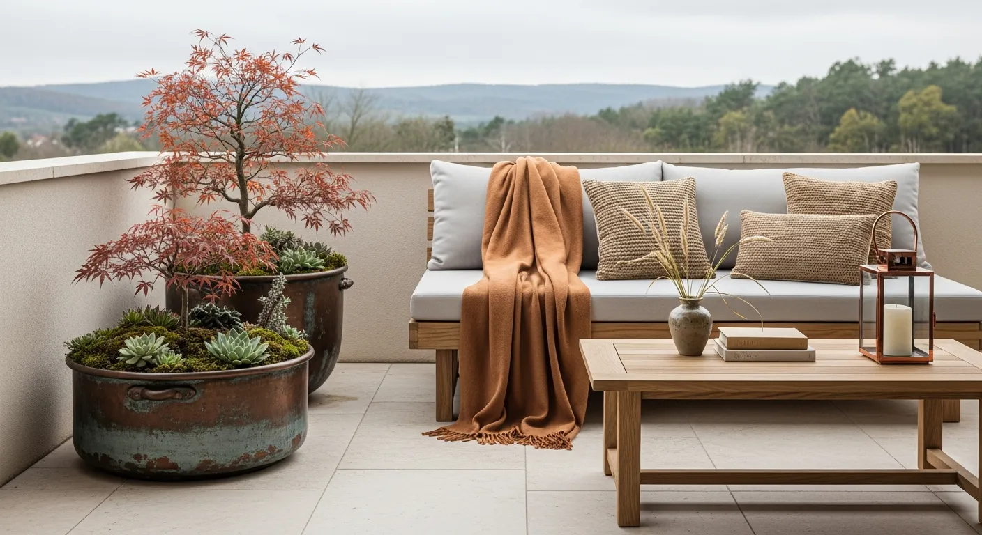 Step by step guide for Japandi Outdoor Balcony ideas featuring decluttered space with wood and copper