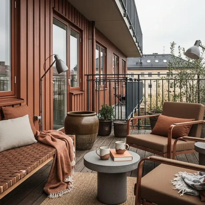 Minimalist Japandi balcony featuring warm copper planters and natural wood seating