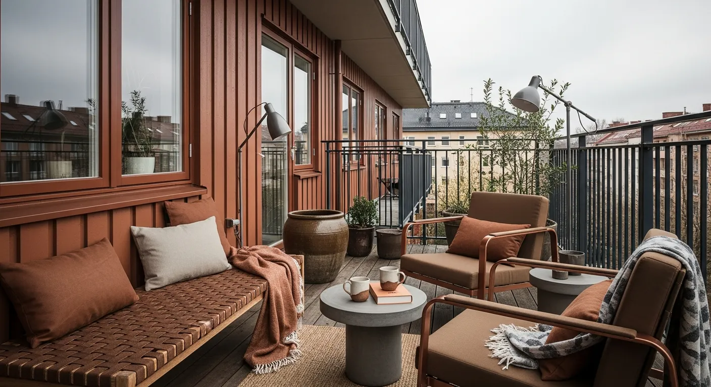 Serene Japandi Outdoor Balcony ideas featuring sustainable wood seating and large warm copper planters