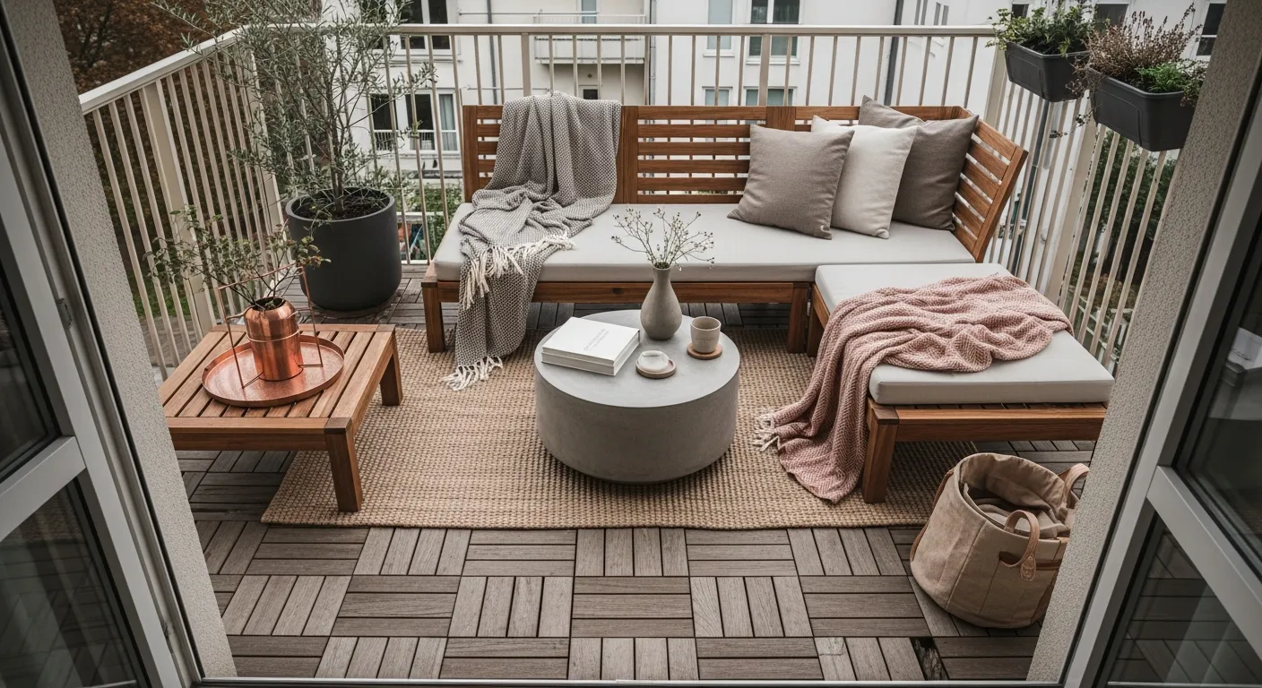 Japandi Outdoor Balcony ideas showing greenery layered with copper decorative accents