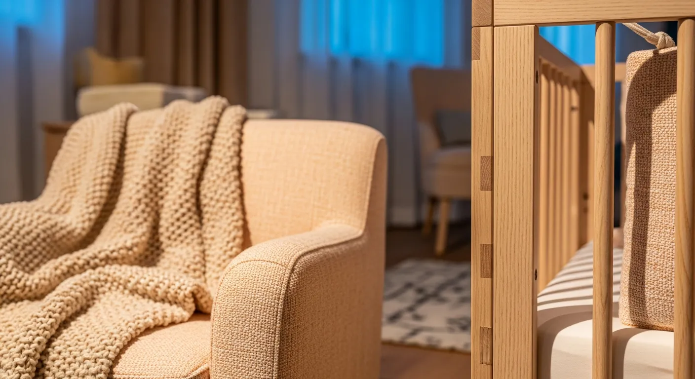 Low profile wood crib and storage representing functional Japandi Nursery & Kids Room ideas