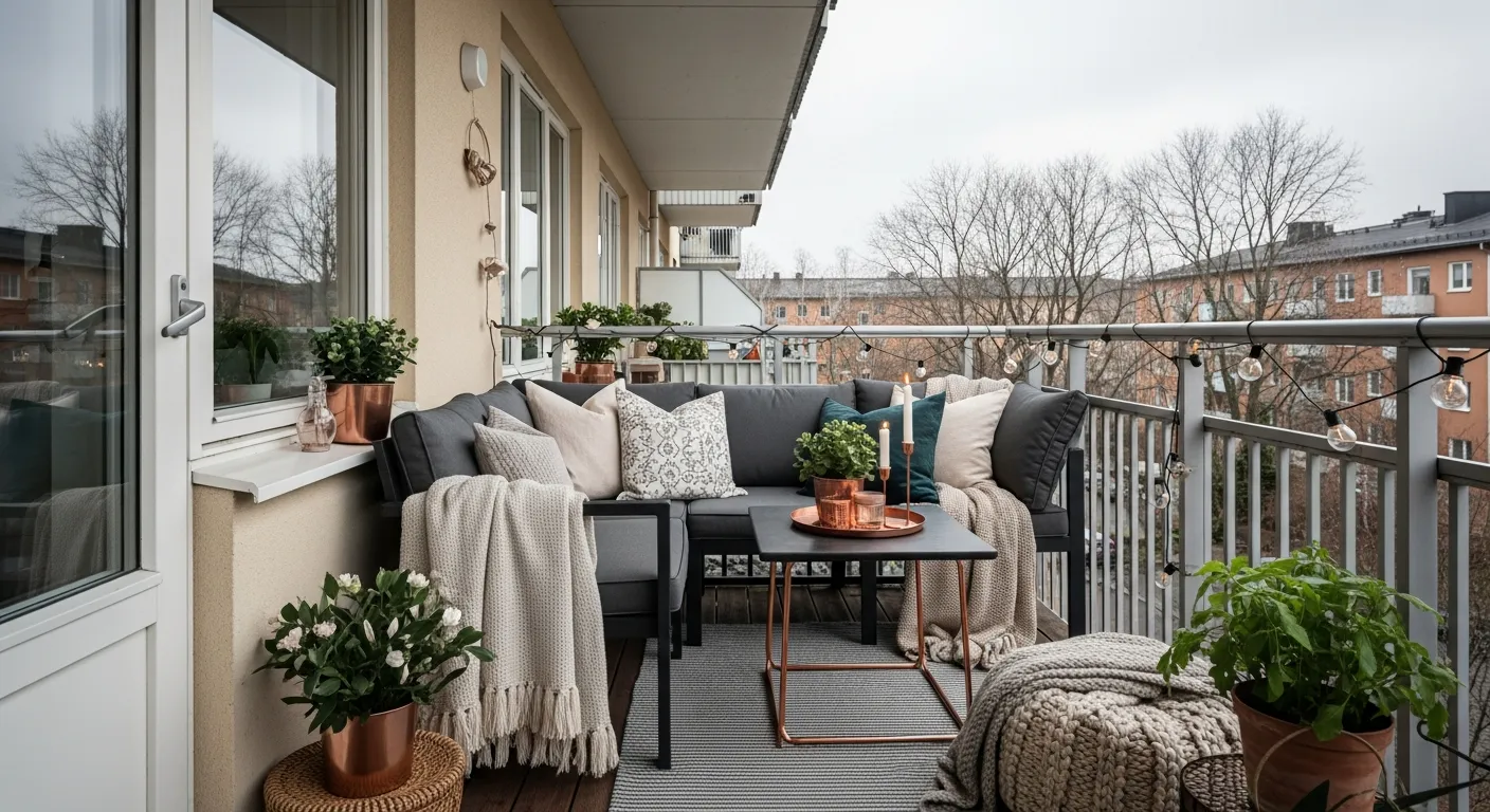 Styling details for Japandi Outdoor Balcony ideas showing copper vessels and soft textiles