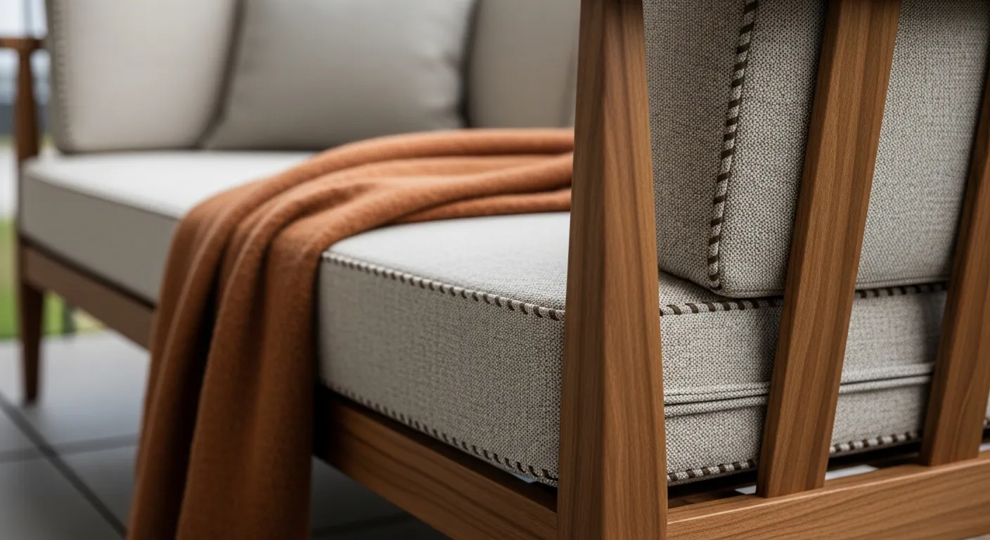 Low profile light wood furniture layout for Japandi Outdoor Balcony ideas with metallic copper decor