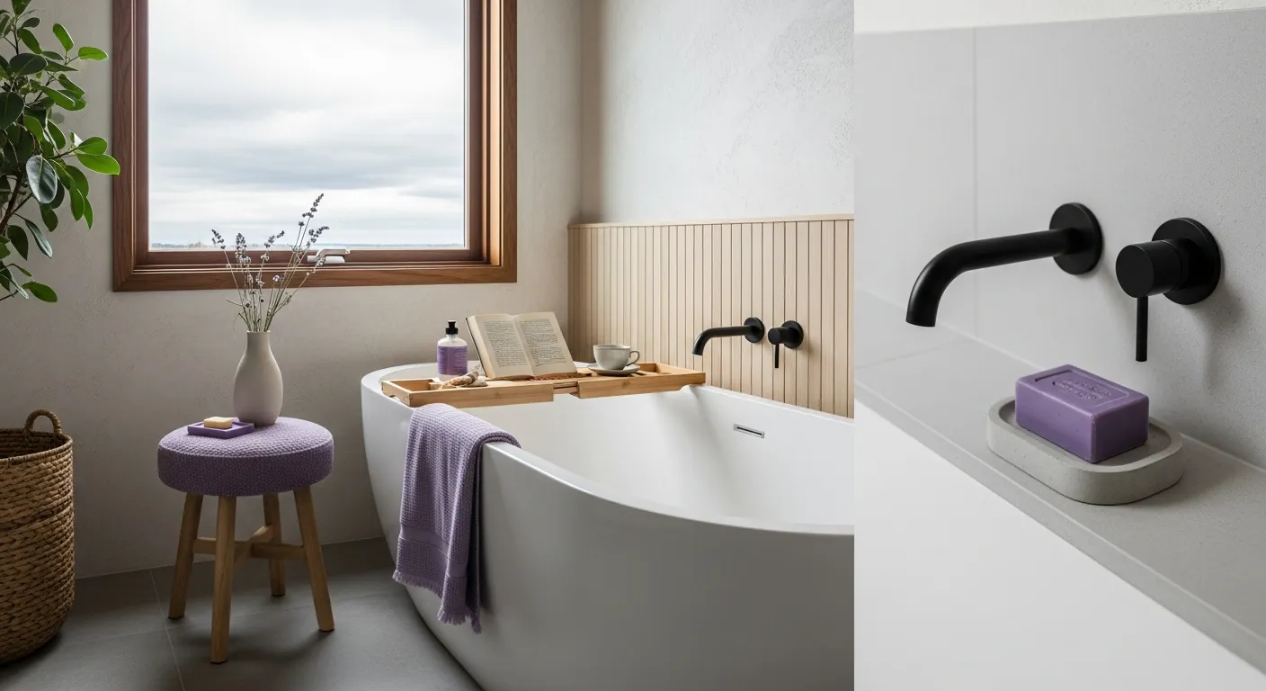 Small space Japandi bathroom ideas with lavender accents