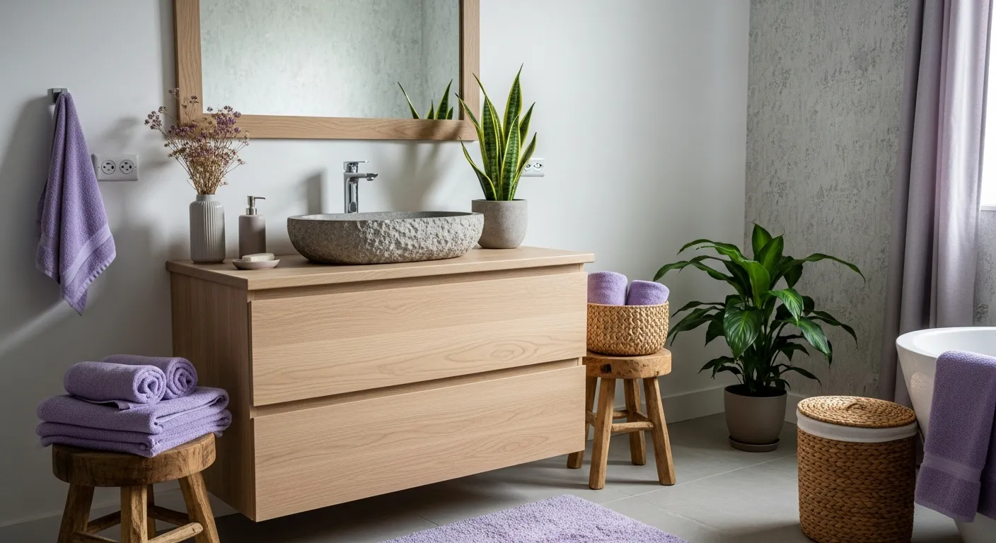 Styling Japandi bathroom ideas with freestanding tub and lavender accents