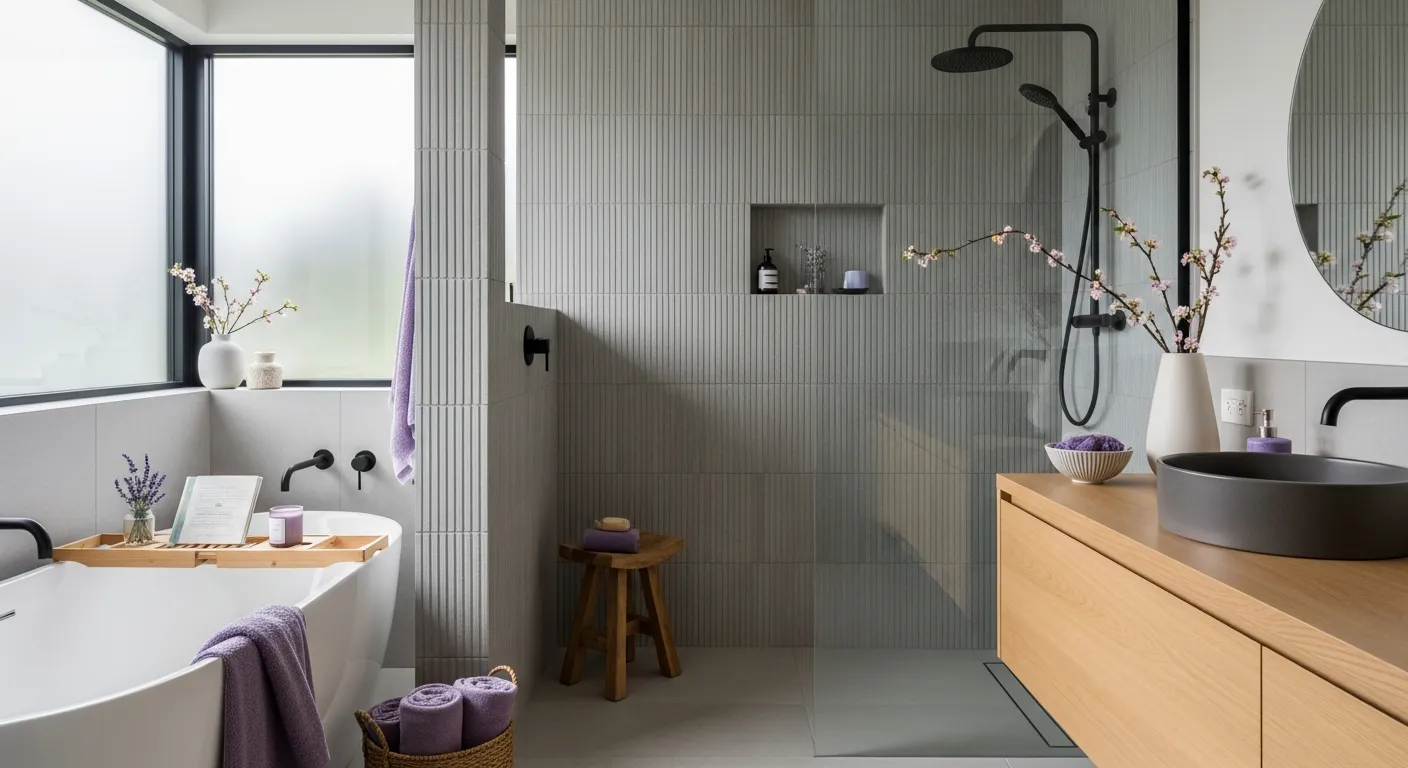 Japandi bathroom ideas featuring lavender limewash walls